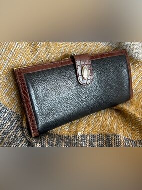 Bally Black Leather Wallet with Brown Trim and Gold Accents